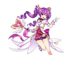1girl aisha_landar arm_belt back_bow bare_legs bare_shoulders bell belt belt_buckle black_belt black_collar black_skirt boots bow breasts buckle cleavage collar crescent crescent_hair_ornament criss-cross_straps detached_collar detached_sleeves dimension_witch_(elsword) dot_nose dress drill_hair elsword floating_clothes floating_hair foot_out_of_frame frilled_bow frilled_collar frilled_dress frilled_footwear frills game_cg gloves gold_buckle hair_between_eyes hair_bow hair_ornament hair_ribbon hairclip happy heart heart_wand high_collar highres holding holding_wand knees large_bow layered_dress leg_up light_blush long_dress long_hair magical_girl microskirt neck_bell neck_ribbon official_art one_eye_closed open_mouth pencil_skirt pink_belt pink_bow pink_dress pink_ribbon pointing pointing_forward purple_eyes purple_hair ress ribbon second-party_source short_dress short_sleeves skirt skirt_under_dress sleeveless sleeveless_dress small_breasts smile solo transparent_background twin_drills twintails wand white_boots white_dress white_gloves white_sleeves wrist_belt yellow_ribbon