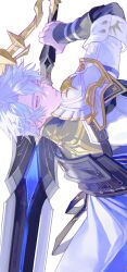 Rule 34 | 1boy, antenna hair, armor, black shirt, blue cape, blue eyes, cape, coat, floating cape, hashtag-only commentary, holding, holding sword, holding weapon, honkai: star rail, honkai (series), lettiii111, male focus, parted bangs, pauldrons, phainon (honkai: star rail), shirt, short hair, shoulder armor, side cape, sideways, single pauldron, solo, sun print, sword, weapon, white coat, white hair