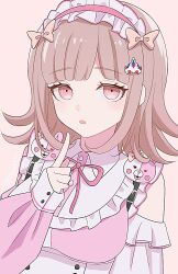 1girl :o bare_shoulders breasts brown_background brown_hair collared_dress danganronpa_(series) danganronpa_2:_goodbye_despair dress flipped_hair frills hand_up highres hru_4646 large_breasts maid_headdress medium_hair monomi_(danganronpa) nanami_chiaki pink_dress pink_eyes simple_background sleeves_past_wrists