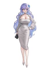1girl alternate_costume bag blue_eyes blue_flower blush breasts cantarella_(wuthering_waves) cleavage collarbone commentary_request covered_navel dongtan_dress dress earrings facial_mark flower full_body grey_dress grey_shoes hair_between_eyes hair_flower hair_ornament hand_on_own_hip handbag highres holding holding_bag jewelry korean_commentary large_breasts long_hair looking_at_viewer mark_under_eye meme_attire nail_polish open_mouth picter purple_hair purple_nails shoes simple_background smile solo taut_clothes taut_dress very_long_hair white_background wuthering_waves