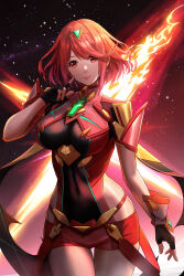 black_gloves breasts chest_jewel core_crystal_(xenoblade) cowboy_shot dark_background earrings fingerless_gloves fire gloves highres hip_vent jewelry large_breasts pyra_(xenoblade) red_eyes red_hair red_shorts redpoke shorts tiara xenoblade_chronicles_(series) xenoblade_chronicles_2