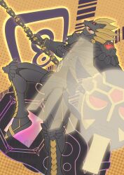 Rule 34 | 1boy, absurdres, armor, black armor, brown background, d-scanner, digimon, digimon (creature), digimon frontier, full body, highres, holding, holding polearm, holding weapon, louwemon, male focus, polearm, red eyes, solo, wata neji, weapon