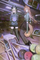 Rule 34 | 2girls, :d, :o, animal ears, arknights, ball, black skirt, black tail, black thighhighs, blouse, blue sweater, bowling alley, bowling ball, breasts, brown eyes, brown hair, dated, demon horns, demon tail, elbow gloves, fake photograph, film grain, fox ears, fox tail, franka (arknights), from side, gloves, grey hair, grey shirt, hair between eyes, heavy film grain, high heels, highres, holding, holding ball, horns, large breasts, liskarm (arknights), long hair, long sidelocks, long sleeves, looking at viewer, looking back, lunifish, medium breasts, medium hair, multiple girls, open mouth, pantyhose, shirt, sidelocks, sideways glance, skirt, small sweatdrop, smile, straight-on, sweater, tail, thighhighs, three-quarter sleeves, white hair, zettai ryouiki