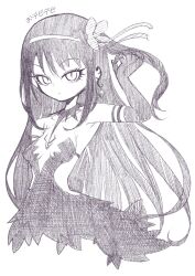 1girl akemi_homura akuma_homura arm_up breasts center_opening detached_collar elbow_gloves gloves greyscale hairband hatching_(texture) highres long_hair looking_at_viewer mahou_shoujo_madoka_magica mahou_shoujo_madoka_magica:_hangyaku_no_monogatari monochrome revealing_clothes saigokudou solo