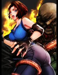 Rule 34 | 1boy, 1girl, artist name, ass, black gloves, blue eyes, blue shirt, brown hair, fingerless gloves, fire, gloves, jill valentine, nagare, nemesis (resident evil), open mouth, resident evil, resident evil 3: nemesis, resident evil 3 (remake), shirt, short hair, tentacles