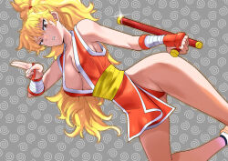 1girl blonde_hair breasts brown_eyes final_fight final_fight_2 genryuusai_maki high_ponytail highleg highres holding japanese_clothes large_breasts long_hair looking_at_viewer pelvic_curtain ponytail solo toku_sonchou tonfa weapon