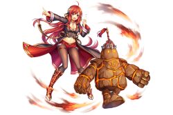 1girl ahoge amanor_(kamihime_project) artist_request bad_source breasts buttons cleavage full_body game_cg golem jewelry kamihime_project long_hair navel official_art open_mouth orange_eyes pantyhose pointing red_hair ring short_shorts shorts solo third-party_source transparent_background
