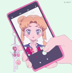 1girl alternate_hairstyle animated animated_gif artist_name bishoujo_senshi_sailor_moon bishoujo_senshi_sailor_moon_stars blinking blonde_hair blue_eyes blush brooch cellphone cellphone_charm cellphone_photo charm_(object) double_bun earrings eternal_sailor_moon facial_mark finger_to_own_chin forehead_mark gloves hair_bun hand_up heart heart_brooch hoop jewelry key looping_animation phone ponytail sailor_moon school_uniform serafuku simple_background sleeveless sleeveless_turtleneck smile star_(symbol) star_earrings stud_earrings tsukino_usagi turtleneck twintails two_side_up vivinos white_gloves wing_brooch