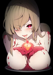 1girl araga_kiwi armpit_crease black_background blush breasts breasts_on_tray brown_hair bun_ends candle candle_wax chest_tattoo chiaroscuro collarbone commentary_request eyes_visible_through_hair fang fire hair_bun hair_over_one_eye hair_over_shoulder heart heart-shaped_pupils highres huge_breasts ilovethelife leaning_forward long_bangs long_hair looking_at_viewer mahou_shoujo_ni_akogarete mole mole_under_eye nude parted_bangs parted_lips red_eyes red_pupils saliva simple_background skin_fang star_tattoo sweatdrop symbol-shaped_pupils tattoo tearing_up tongue tongue_out twintails upper_body v-shaped_eyebrows wax_play