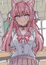 Rule 34 | 1girl, absurdres, alternate costume, animal collar, animal ear fluff, animal ears, bow, breasts, brooch, brown collar, classroom, closed mouth, collar, commentary request, desk, double-parted bangs, frilled collar, frills, hair ornament, hairpin, hakui koyori, heart, heart hair ornament, highres, hololive, jewelry, large breasts, light blush, long hair, looking at viewer, multiple hairpins, narutake, pink collar, pink hair, pink skirt, pink trim, pink undershirt, plaid clothes, plaid skirt, pleated skirt, puffy short sleeves, puffy sleeves, purple eyes, school uniform, shirt, shirt bow, short sleeves, skirt, smile, solo, split mouth, star ornament, upper body, virtual youtuber, white shirt, window, wolf ears, wolf girl, wolf ornament, wolf print