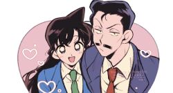 Rule 34 | 1boy, 1girl, ba ko, black hair, blue eyes, blue jacket, brown hair, cocked eyebrow, collared shirt, facial hair, father and daughter, green necktie, highres, jacket, light blush, long hair, meitantei conan, mouri kogoro, mouri ran, mustache, necktie, open mouth, red necktie, school uniform, shirt, short hair, smile, spiked hair, suit jacket, twitter username, white shirt