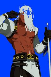 Rule 34 | 1boy, abs, arm belt, arm up, bare pectorals, belt, belt buckle, black belt, black gloves, blue background, blue eyes, buckle, collarbone, colored eyelashes, commentary, cowboy shot, cropped jacket, cue stick, dark-skinned male, dark skin, english commentary, gloves, guilty gear, guilty gear strive, hair behind ear, hair over one eye, highres, holding, jacket, long hair, looking to the side, male focus, navel, nipples, one eye covered, open clothes, open jacket, pants, parted lips, patterned hair, pectorals, shoulder belt, sideways glance, solo, sorrysap, standing, teeth, venom (guilty gear), white jacket, white pants