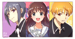 Rule 34 | 1girl, 2boys, :d, absurdres, black shirt, blonde hair, border, brown eyes, brown hair, clenched teeth, fruits basket, grey hair, hair ribbon, highres, honda tohru, long hair, looking at viewer, mizu no, multiple boys, necktie, open mouth, purple eyes, ribbon, school uniform, shirt, short hair, smile, sohma kyou, sohma yuki, teeth, upper body, white border, white necktie