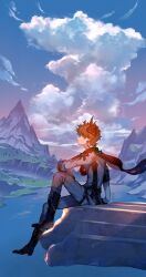 1boy arm_support artist_name black_boots black_gloves blue_eyes boots cape cloud commentary_request cumulonimbus_cloud earrings floating_earring genshin_impact gloves gradient_sky grey_jacket grey_pants hair_between_eyes highres jacket jewelry kippeijii knee_up lake ledge looking_up male_focus mask mask_on_head mountain open_mouth orange_hair outdoors pants profile red_cape red_mask short_hair sitting sky solo sunset tartaglia_(genshin_impact) three-quarter_sleeves twitter_username water