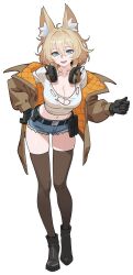 1girl animal_ear_fluff animal_ears belt_pouch black_boots black_gloves black_thighhighs blonde_hair blue_eyes blue_shorts boots breasts brown_jacket cat_ears cleavage full_body gloves hair_between_eyes hand_on_own_hip headphones headphones_around_neck highres jacket kuso_otoko leaning_forward looking_at_viewer midriff navel open_clothes open_jacket open_mouth original pouch shirt short_shorts shorts simple_background skindentation solo thighhighs thighs torn_clothes white_background white_shirt