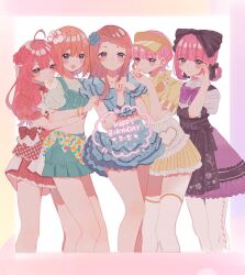5girls absurdres ahoge alternate_costume alternate_hairstyle apron black_apron black_bow blue_dress blue_eyes bow bowtie braid braided_bangs breasts closed_mouth collarbone cropped_shirt dated dress flower food food_in_mouth frilled_apron frilled_dress frills futaba_sasa go-toubun_no_hanayome green_shirt green_skirt hair_bow hair_flower hair_ornament hand_up hands_on_another&#039;s_shoulders happy_birthday highres ibispaint_(medium) long_hair looking_at_viewer multiple_girls nakano_ichika nakano_itsuki nakano_miku nakano_nino nakano_yotsuba navel open_mouth orange_hair pantyhose pink_hair purple_bow purple_bowtie purple_dress quintuplets red_dress red_hair shirt short_dress short_hair short_sleeves siblings sisters skirt standing steamed_bun thighhighs visor_cap waist_apron watermark white_apron white_pantyhose white_thighhighs yellow_dress