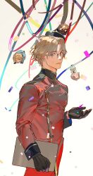 4boys absurdres ahoge america_(hetalia) axis_powers_hetalia baggy_pants black-framed_eyewear black_gloves black_hat black_shoes blonde_hair blue_coat blue_eyes blue_jacket blue_pants brown_jacket brown_pants brown_vest buttons canada_(hetalia) chibi clipboard closed_eyes closed_mouth coat collared_jacket commentary confetti cowboy_shot crying english_commentary formal_clothes france_(hetalia) from_side glasses gloves grey_gloves grey_hair hand_up hat highres holding holding_clipboard jacket leather leather_jacket long_sleeves looking_at_viewer male_focus military_hat military_jacket military_uniform multiple_boys necktie open_clothes open_jacket open_mouth own_hands_together pants purple_eyes red_jacket red_necktie red_pants semi-rimless_eyewear shoes short_hair simple_background standing suit suit_jacket tape teeth united_kingdom_(hetalia) v-shaped_eyebrows vest white_background zhongerweiyuan