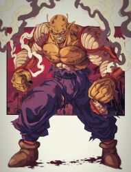 1boy antennae bure_(fantasticyouth7) clenched_hands clenched_teeth dragon_ball dragon_ball_super dragon_ball_super_super_hero full_body highres male_focus muscular muscular_male no_eyebrows orange_piccolo pants piccolo pointy_ears purple_pants red_eyes smoke solo teeth topless_male torn_clothes