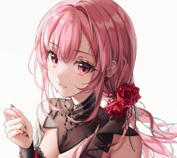 1girl absurdres black_nails breasts cleavage clenched_hand dress flower hair_behind_ear hair_flower hair_ornament highres hololive hololive_english looking_at_viewer medium_breasts mori_calliope mori_calliope_(party_dress) nagul nail_polish parted_lips pink_eyes pink_hair ponytail portrait red_dress red_flower red_rose rose solo virtual_youtuber white_background