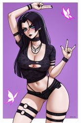 1girl \n/ absurdres black_eyeliner black_hair black_lips black_nails breasts bug butterfly cross cross_necklace curvy earrings eyeliner goth_fashion highres hoop_earrings insect jewelry kuji-in large_breasts long_hair looking_at_viewer makeup marvel marvel_rivals micro_shorts navel necklace prixmal psylocke shorts solo thigh_strap thighs thong wide_hips x-men
