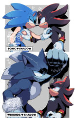 2boys bara biceps black_fur blue_fur character_name clenched_hands clenched_teeth closed_mouth commentary english_commentary english_text furry furry_male gareki_sh grin heart hedgehog_boy highres kabedon looking_at_another male_focus multiple_boys multiple_views muscular muscular_male shadow_the_hedgehog smile sonic_(series) sonic_the_hedgehog sonic_the_werehog sweatdrop teeth werehog yaoi