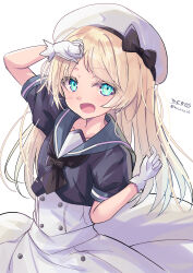 1girl absurdres black_neckerchief blonde_hair blue_eyes blue_sailor_collar blush dress gloves hat highres hizaka jervis_(kancolle) kantai_collection long_hair looking_at_viewer neckerchief open_mouth sailor_collar sailor_dress sailor_hat short_sleeves sign smile solo twitter_username white_background white_dress white_gloves white_hat