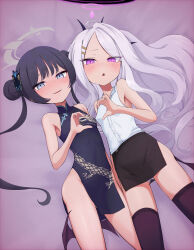 2girls black_hair blue_archive breasts china_dress chinese_clothes demon_girl demon_horns dress halo hina_(blue_archive) horns kisaki_(blue_archive) loli long_hair multiple_girls panties purple_eyes purple_thighhighs school_uniform shiroiurushi shirt small_breasts thighhighs underwear white_panties white_shirt