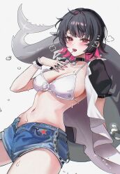 Rule 34 | 1girl, absurdres, black hair, blue shorts, bra, breasts, cleavage, colored inner hair, cosplay, denim, denim shorts, ellen joe, fins, fish tail, highres, kwon eun-bi, kwon eun-bi (cosplay), large breasts, looking at viewer, multicolored hair, navel, open mouth, real life, red hair, shark girl, shark tail, sharp teeth, short hair, short shorts, short sleeves, shorts, stomach, sweat, tail, teeth, unbuttoned, underwear, white bra, zenless zone zero, zije