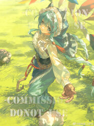 1girl absurdres belt blue_eyes boots braid brown_gloves fur_trim gloves grass hair_between_eyes highres long_hair long_sleeves looking_at_viewer original outdoors pants puffy_long_sleeves puffy_sleeves shirt smile solo tacfigure tassel very_long_hair watermark white_shirt