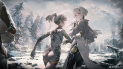 2girls absurdres ass black_pantyhose bodysuit from_behind grabbing_another&#039;s_arm grey_bodysuit grey_cloak grey_hair grey_sky haicma:_starveil_(pgr) haicma_(pgr) hair_bun highres medium_hair mol-- multiple_girls nanami:_starfarer_(pgr) nanami_(pgr) outdoors overcast pantyhose pine_tree ponytail profile punishing:_gray_raven sky snow snow_on_tree snowing tree watermark weibo_watermark white_hair yellow_eyes