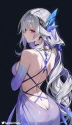 Rule 34 | 1girl, alternate costume, back, backless dress, backless outfit, bare shoulders, blue hair, breasts, closed mouth, commentary, cowboy shot, dark background, dress, from behind, genshin impact, grey hair, hair ornament, helloimtea, highres, large breasts, long hair, looking at viewer, looking back, median furrow, multicolored hair, purple eyes, purple hair, red eyes, skirk (genshin impact), solo, streaked hair, very long hair