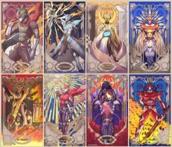 2068 2girls 3boys acceldriver antennae apocalypse armor artist_name asymmetrical_armor axcalibur axe belt black_armor black_bodysuit black_boots black_dress black_flower black_gloves black_hair black_lips black_nails black_rose blue_eyes bodysuit boots breastplate breasts bug cape card card_(medium) chain clock clock_hands closed_mouth commentary compound_eyes cowboy_shot dress dress_flower engineblade english_commentary english_text flower full_body gears giganticbrush gloves glowing glowing_eyes gold_armor gold_gloves gold_trim goth_fashion grasshopper green_armor green_helmet helmet highres holding holding_sword holding_weapon honeycomb_(pattern) horns insect jewelry kabuto_zecter kamen_rider kamen_rider_(1st_series) kamen_rider_1 kamen_rider_accel kamen_rider_aguilera kamen_rider_kabuto kamen_rider_kabuto_(series) kamen_rider_kiva kamen_rider_kiva_(series) kamen_rider_revice kamen_rider_tsukuyomi kamen_rider_w kamen_rider_wizard kamen_rider_wizard_(infinity_style) kamen_rider_wizard_(series) kamen_rider_zi-o_(series) kivat-bat_iii kivat_belt long_sleeves looking_at_viewer magic_circle male_focus mask multiple_boys multiple_girls ohma_zi-o ohma_zi-o_driver open_hands pointing pointing_up pun queen_bee queen_bee_genome red_eyes red_scarf revision rider_belt rider_belt_(kabuto) ring roman_numeral rose sash scarf shoulder_armor shoulder_sash silver_gloves single_horn sitting smile solo stained_glass standing sword tailcoat tarot tarot_(medium) tarot_card the_chariot_(tarot) the_emperor_(tarot) the_empress_(tarot) the_fool_(tarot) the_hierophant_(tarot) the_high_priestess_(tarot) the_lovers_(tarot) the_magician_(tarot) tokusatsu trial_memory typhoon_(kamen_rider) vampire vistamp weapon wedding_dress weekendriver white_armor white_bodysuit window wings wizard_ring wizardriver yellow_eyes