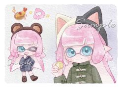 1girl animal_ear_headwear animal_ears arrow_(symbol) bear_ears beret black_hat blue_eyes blunt_bangs boots border brown_boots brown_hat cat_ears chinese_commentary closed_mouth coat collared_coat commentary_request crest fake_animal_ears fang food green_coat grey_coat grey_shorts hand_on_own_chin hand_on_own_hip happy hat high_collar highres holding inkling_girl inkling_player_character lanmeier lapels light_blush long_hair long_sleeves looking_at_viewer multiple_views nintendo notched_lapels painting_(medium) patch pink_hair pocket pointy_ears push-button shorts shrimp shrimp_tempura skin_fang smile sparkle splatoon_(series) splatoon_3 split-color_clothes straight_hair tempura tentacle_hair thick_eyebrows traditional_media two-tone_hat very_long_hair watercolor_(medium) white_border white_hat