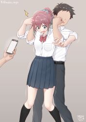 1boy 1girl 1other absurdres aqua_eyes armlock artist_name belt black_belt black_socks blue_scrunchie blue_skirt blush bow bowtie breasts brown_hair cellphone collared_shirt commentary_request dated double-parted_bangs dress_shirt embarrassed faceless faceless_male feet_out_of_frame fingernails grey_background grey_pants hair_between_eyes hair_ornament hair_scrunchie hands_up highres holding holding_phone humiliation kneehighs long_bangs long_hair looking_down motion_lines mukai_rinjin open_mouth original out_of_frame pants phone pink_bow pink_bowtie pink_hair pleated_skirt ponytail recording restrained scrunchie shirt short_hair sidelocks simple_background skirt small_breasts smartphone socks standing three-quarter_sleeves twitter_username variant_set wavy_mouth white_shirt