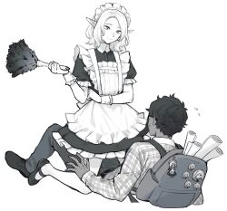 2boys alternate_costume androgynous apron backpack bag crossdressing dark-skinned_male dark_skin dress dungeon_meshi duster elf enmaided frilled_apron frills full_body glasses greyscale highres holding holding_duster kabru kneeling long_sleeves lying maid maid_apron maid_headdress male_focus male_maid medium_hair mithrun mithrun_(young) monochrome multiple_boys norinorirandom on_back pants pointy_ears shirt short_hair simple_background smile straddling sweatdrop trap wavy_hair white_background yaoi