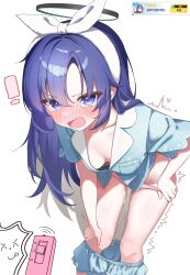 Rule 34 | !, 1boy, 1girl, ^^^, absurdres, black halo, blue archive, blue eyes, blue hair, blue pajamas, blue shirt, blue shorts, blush, bow hairband, breasts, cleavage, clothes pull, collarbone, commentary request, controller, doodle sensei (blue archive), drawing flover, embarrassed, hairband, halo, highres, holding, holding remote control, implied vibrator, long hair, looking at viewer, medium breasts, nose blush, official alternate costume, official alternate hairstyle, open mouth, pajamas, panties, pink panties, pov, pov hands, print pajamas, pussy juice, remote control, remote control vibrator, sensei (blue archive), sex toy, shirt, short shorts, shorts, shorts pull, simple background, tearing up, thighs, trembling, underwear, v-shaped eyebrows, vibrator, white background, white hairband, wireless sex toy controller, yuuka (blue archive), yuuka (pajamas) (blue archive)