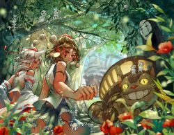 2girls animal_ears ashitaka bad_id bad_pixiv_id bare_shoulders blurry cosplay crossover depth_of_field detached_sleeves facial_mark flower forest frilled_skirt frills grin hat howl_no_ugoku_shiro inubashiri_momiji kaonashi kodama looking_back mononoke_hime multiple_girls nature nekobus roka san_(cosplay) san_(mononoke_hime) sen_to_chihiro_no_kamikakushi shameimaru_aya short_hair sideways_glance skirt sleeveless smile studio_ghibli tokin_hat tonari_no_totoro touhou tree white_hair wolf_ears