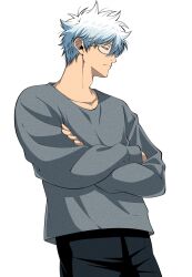 Rule 34 | 1boy, alternate costume, black pants, black shirt, casual, closed mouth, collarbone, crew neck, crossed arms, gintama, glasses, highres, light frown, long sleeves, looking down, male focus, pants, parted bangs, sakata gintoki, semi-rimless eyewear, shirt, short hair, simple background, siro nui81, solo, white background, white hair