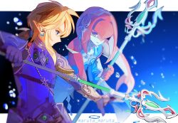 1boy 1girl armor artist_name blonde_hair blue_eyes bubble colored_skin earrings fighting_stance fins fish_girl fish_tail gloves hair_between_eyes head_fins holding_polearm holding_weapon jewelry letterboxed link looking_at_another low_ponytail maruta_maruta mipha monster_girl multicolored_skin neck_ring nintendo one_eye_covered pointy_ears polearm ponytail red_hair red_skin short_ponytail shoulder_armor sidelocks smile tail the_legend_of_zelda the_legend_of_zelda:_breath_of_the_wild trident two-tone_skin upper_body weapon white_skin yellow_eyes zora