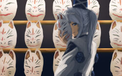 Rule 34 | 1girl, blue eyes, blue hat, closed mouth, commentary request, fox mask, from behind, hat, high ponytail, holding, holding mask, japanese clothes, kariginu, long hair, looking at viewer, looking back, mask, mononobe no futo, ponytail, ritsuzou, robe, shelf, smile, solo, tate eboshi, touhou, unworn mask, upper body, white robe