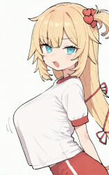 1girl akai_haato blonde_hair blue_eyes blush breasts hair_ornament hair_ribbon highres hololive large_breasts long_hair looking_at_viewer one_side_up open_mouth red_ribbon ribbon shirt short_sleeves solo uwzoa virtual_youtuber white_shirt