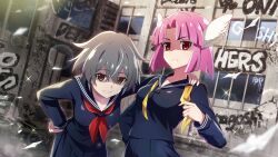 Rule 34 | 2girls, angel wings, black sailor collar, black serafuku, black shirt, black skirt, brown eyes, closed mouth, collared shirt, cowboy shot, curtained hair, delinquent, falling paper, feathered wings, game cg, graffiti, grey hair, hand on another&#039;s shoulder, hand on own hip, highres, higurashi no naku koro ni, higurashi no naku koro ni mei, kimiyoshi kazuho, lens flare, long sleeves, looking at viewer, mini wings, multiple girls, neckerchief, no dickey, non-web source, official art, outdoors, parted lips, pink hair, pleated skirt, red eyes, red neckerchief, ruins, sailor collar, school uniform, serafuku, shaded face, shirt, short hair, skirt, smile, sparkle, standing, sukeban, tamurahime no mikoto, undone neckerchief, v-shaped eyebrows, wings, yellow neckerchief