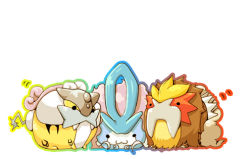 :3 bad_id bad_pixiv_id chibi entei full_body gen_2_pokemon legendary_pokemon looking_at_viewer lowres nintendo no_humans outline pokemon pokemon_(creature) pokemon_gsc qkrwotls16 raikou simple_background suicune white_background