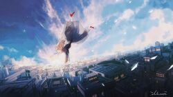 1girl artist_name black_dress blonde_hair building city cloud cloudy_sky day dress falling highres illumi999 long_hair looking_down original outdoors red_footwear scenery sky solo sunlight sunrise