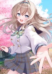 1girl absurdres blush bow bowtie cherry_blossoms falling_petals firefly_(honkai:_star_rail) firefly_(spring_missive)_(honkai:_star_rail) gradient_eyes green_bow green_bowtie green_pupils grey_hair grey_hairband grey_sailor_collar grey_skirt hair_between_eyes hair_intakes hairband highres honkai:_star_rail honkai_(series) long_hair long_sleeves multicolored_eyes nyarumi open_mouth petals plaid_bow plaid_bowtie plaid_clothes pleated_skirt reaching reaching_towards_viewer sailor_collar skirt smile solo teeth tree upper_teeth_only white_sleeves
