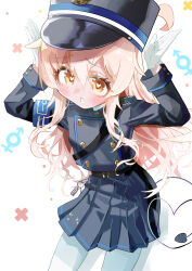 1girl absurdres black_hat black_jacket black_skirt blue_archive blush cosplay cowboy_shot demon_tail hands_up hat heart heart_in_eye highres hikari_(blue_archive) hikari_(blue_archive)_(cosplay) jacket long_hair looking_at_viewer multiple_girls onii-chan_wa_oshimai! oyama_mahiro pantyhose pink_hair pleated_skirt simple_background skirt solo standing symbol_in_eye tail uracine_(zakozako1919) white_background