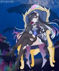 Rule 34 | 1girl, ariyumiki, asymmetrical gloves, black gloves, black hair, black thighhighs, commentary, corrupted twitter file, crossed legs, earrings, english commentary, frilled sleeves, frills, gloves, hair ornament, hairclip, highres, honkai: star rail, honkai (series), hysilens (honkai: star rail), jewelry, long hair, mismatched gloves, pearl earrings, purple eyes, red gloves, sitting on throne, smirk, solo, thighhighs, torn clothes, torn thighhighs, twitter username, underwater, x hair ornament