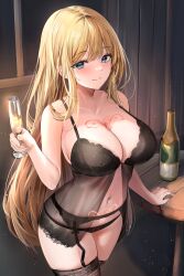1girl absurdres babydoll bare_arms bare_shoulders black_babydoll black_panties blonde_hair blue_eyes breast_tattoo breasts brown_thighhighs champagne_bottle champagne_flute cleavage closed_mouth commission cowboy_shot cup drinking_glass garter_belt hand_up highres holding holding_cup indoors lace_trim large_breasts lillly lingerie long_hair looking_at_viewer navel original panties second-party_source see-through_clothes see-through_babydoll smile solo spaghetti_strap split_mouth standing stomach string_panties tattoo thighhighs thighs underwear underwear_only very_long_hair