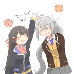 Rule 34 | 2girls, :d, ^ ^, arm up, arms behind back, black jacket, blazer, blush stickers, bow, brown cardigan, cardigan, closed eyes, collared shirt, grey hair, grey skirt, hair between eyes, hair bow, headpat, higuchi kaede, higuchi kaede (1st costume), jacket, multiple girls, necktie, nijisanji, open clothes, open jacket, open mouth, pink bow, pleated skirt, ponytail, purple necktie, rebecca (keinelove), school uniform, shirt, simple background, skirt, smile, spoken expression, translation request, tsukino mito, tsukino mito (1st costume), virtual youtuber, white background, white bow, white shirt