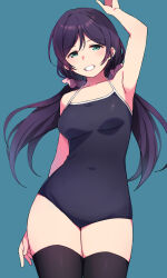 Rule 34 | 1girl, aqua eyes, arm up, armpits, black thighhighs, blue background, blue one-piece swimsuit, clenched teeth, covered navel, duke (inu daimyou), grin, hair ornament, hair scrunchie, highres, long hair, looking at viewer, love live!, love live! school idol project, low twintails, one-piece swimsuit, pink scrunchie, purple hair, scrunchie, smile, swimsuit, teeth, thighhighs, tojo nozomi, twintails